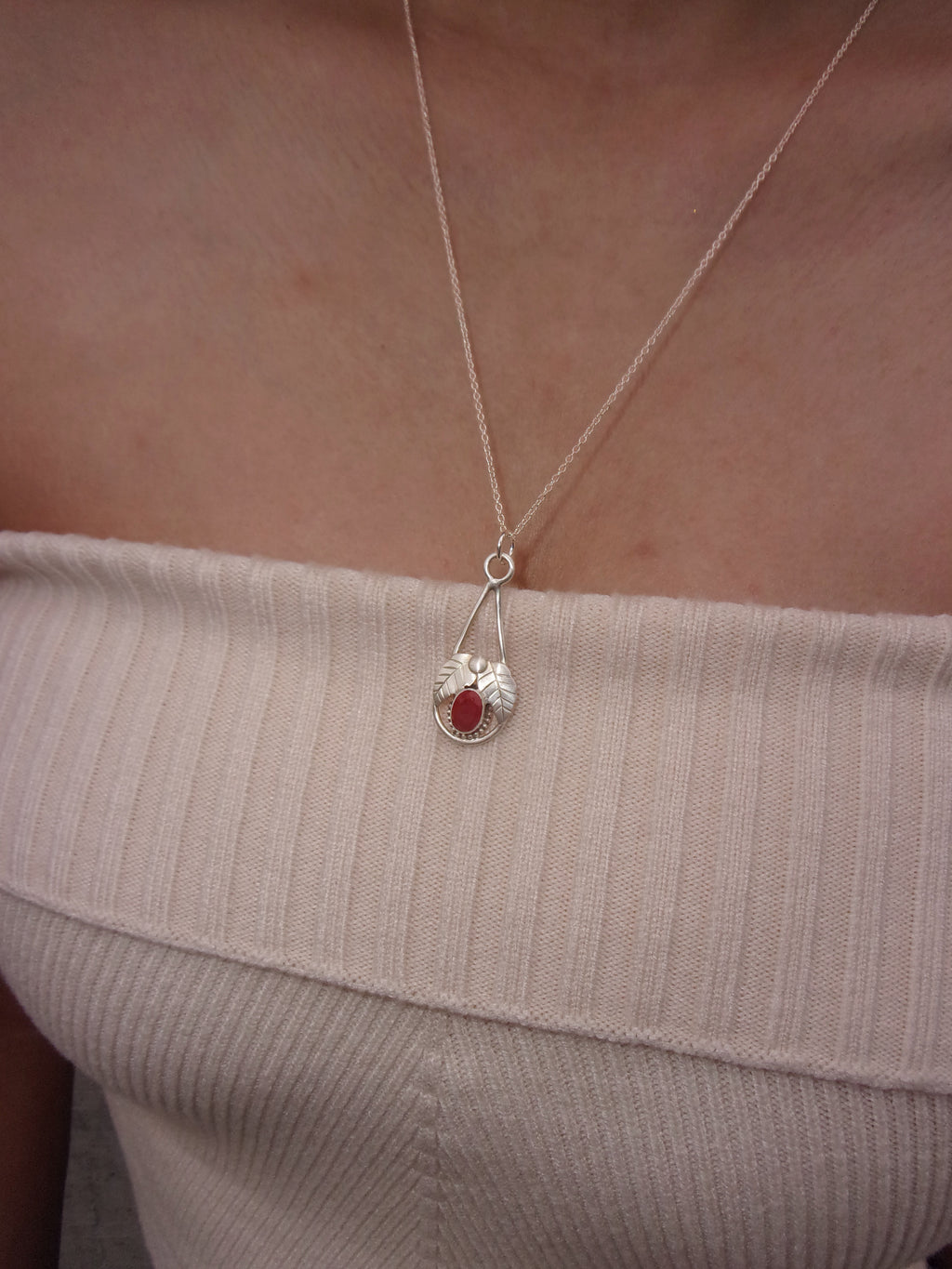 Red Stone Leaf Necklace